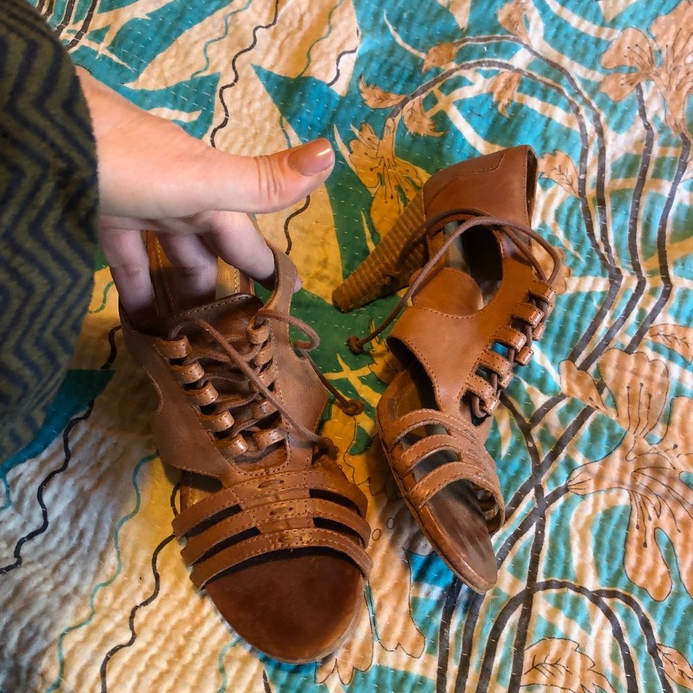 brown leather lace up heel